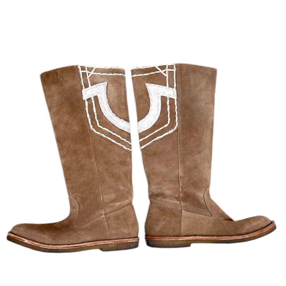 True Religion Tan Suede Knee-High Boots with White Logo - Picture 5 of 10